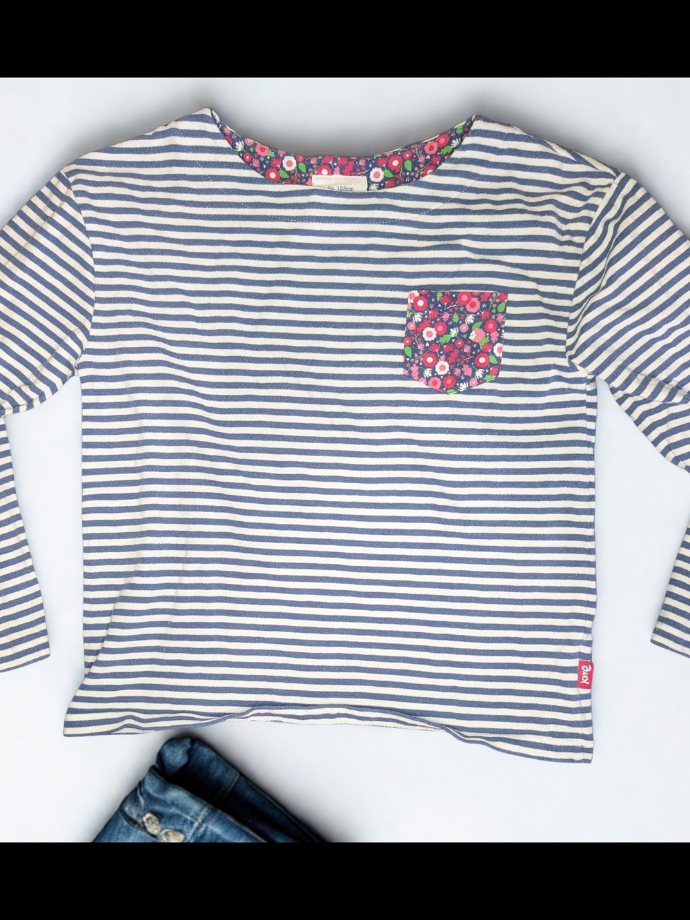 Girls' Navy & White Striped Long Sleeve Tee with Floral Pocket